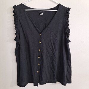 Ellos Women's Button-Front Ruffle Sleeve Black Tank Top Sleeveless Shirt